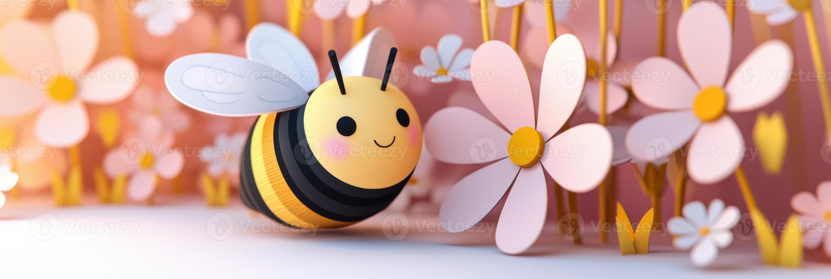 whimsical honeybee made of colorful paper dances around a pink flower under bright midday light, bringing joy to a serene garden atmosphere. photo