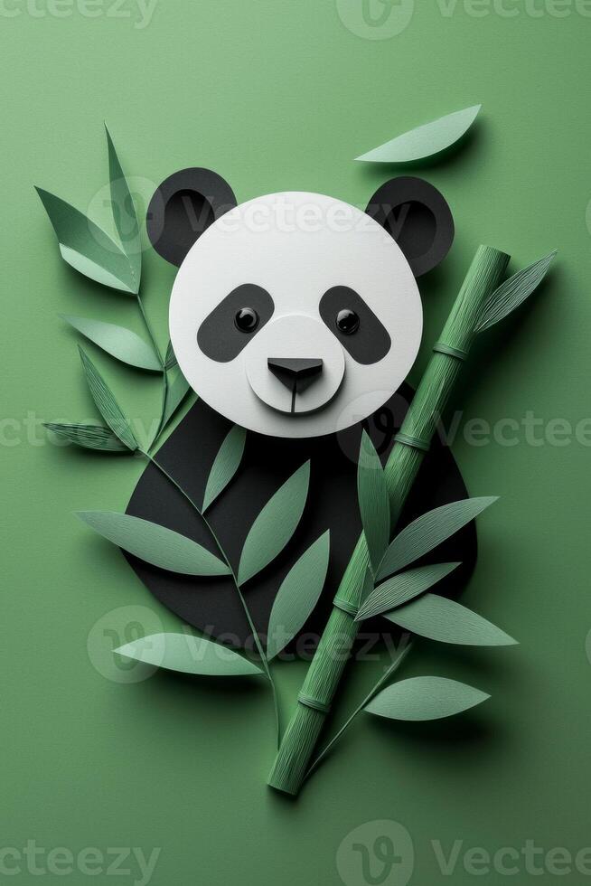 charming panda, crafted from layered black and white paper, poses in soft morning light beside vibrant green bamboo leaves, set against a gentle green background. photo