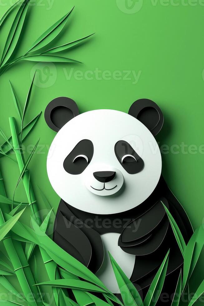 delightful panda crafted from layered black and white paper pieces rests next to a vibrant bamboo stalk, set against a calming green backdrop illuminated by early morning light. photo