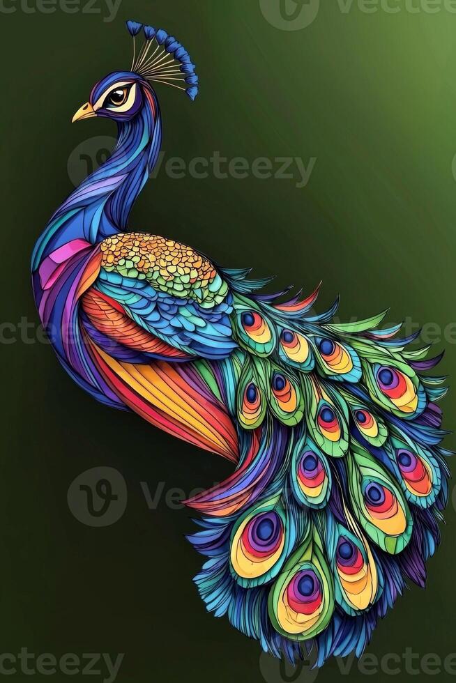 stunning 2D illustration showcases a peacock with an elegant display of layered feathers, bursting with vibrant blues, greens, and purples, all set against a serene dark green background. photo