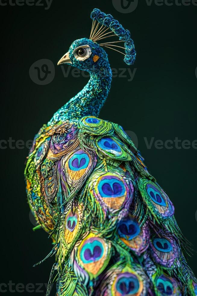 artistic creation features a peacock with a captivating display of colorful paper feathers, radiating blues, greens, and purples, highlighted by a warm sunset ambiance. photo