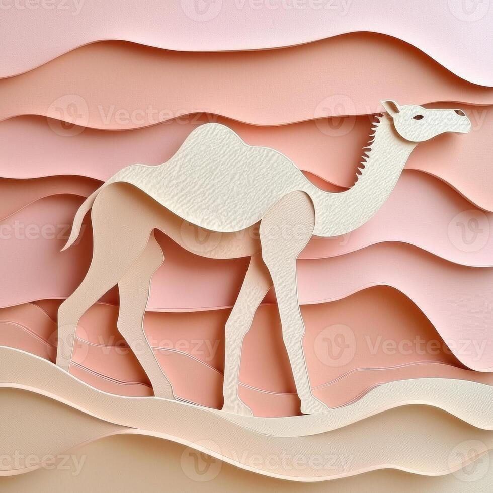 Crafted with layers of brown and beige, a camel strolls through wavy sand dunes, the gentle pink hues of dusk enveloping the scene in serene beauty. photo