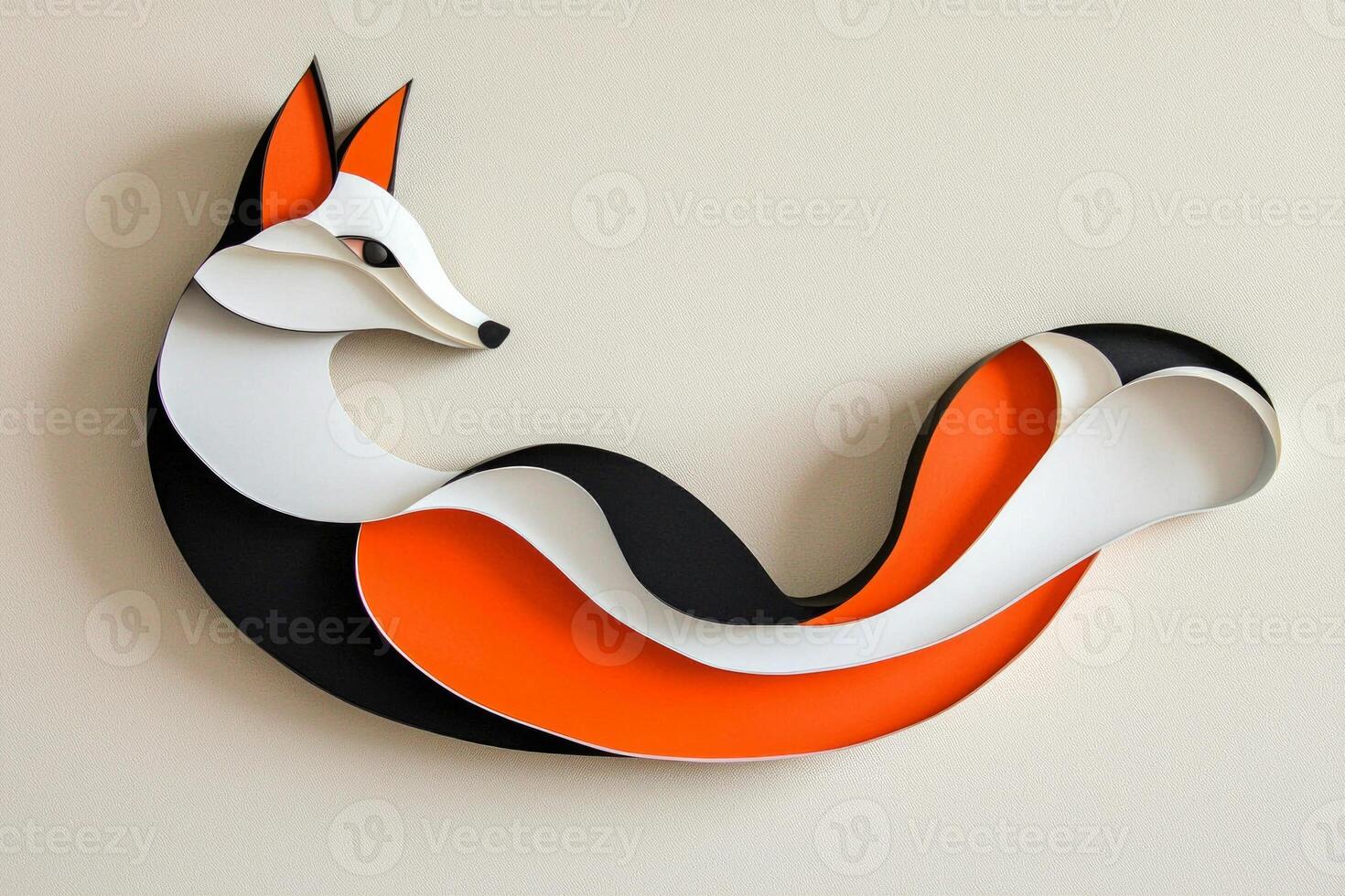 meticulously crafted paper fox displays layers of orange, black, and white, with its tail curled playfully. It captures the essence of artistic minimalism under gentle midday light. photo