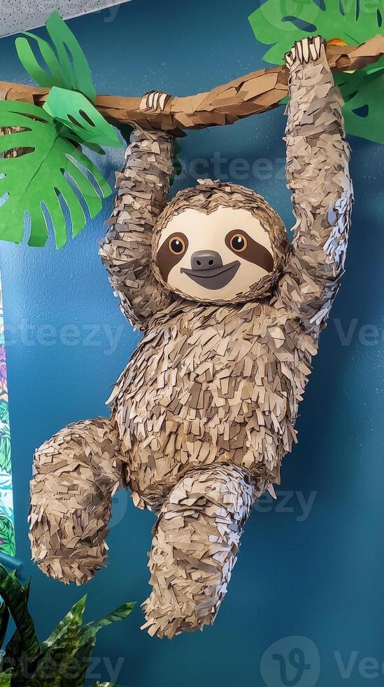 delightful sloth with textured fur made from layers of paper clings to a branch, surrounded by green leaves, set against a light blue background. photo