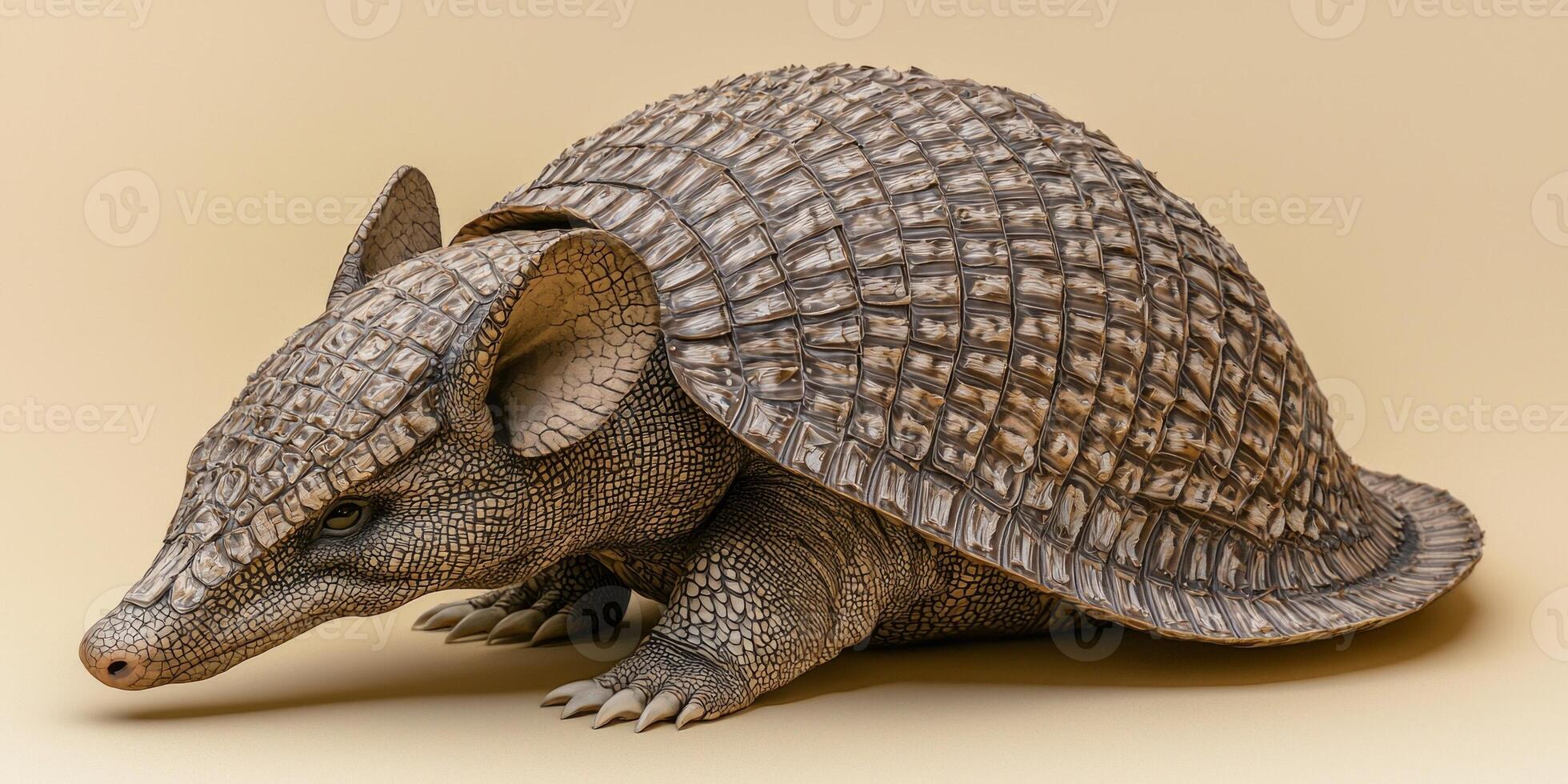 artwork showcases a stylized armadillo, intricately curled into a ball, crafted from grey and brown paper. Set against a simple beige backdrop, it captures the essence of a desert habitat. photo