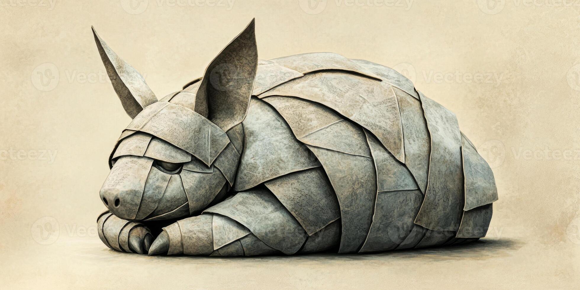 intricately designed armadillo rests curled in a ball, showcasing an artistic fusion of grey and brown paper textures under midday light, set in a minimalist desert-inspired backdrop. photo