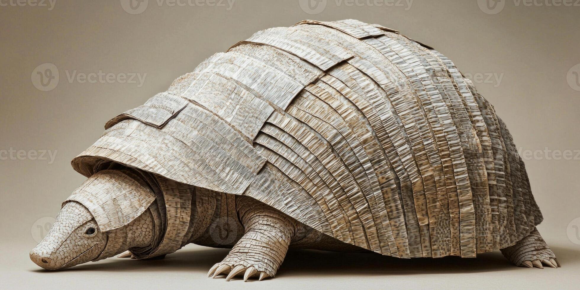 captivating artwork features a curled armadillo, showcasing layered grey and brown paper that forms its unique armor, set against a neutral background. photo