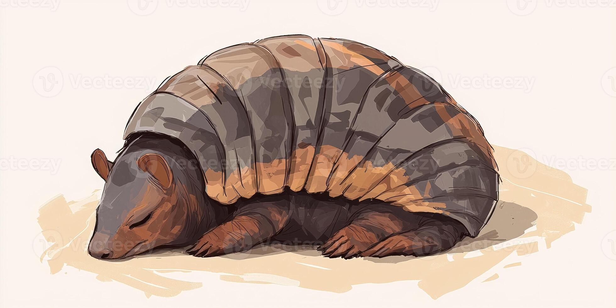 art piece features a charming armadillo curled into a ball, its body armor composed of grey and brown paper layers. The minimalist desert-themed setting enhances its serene presence. photo
