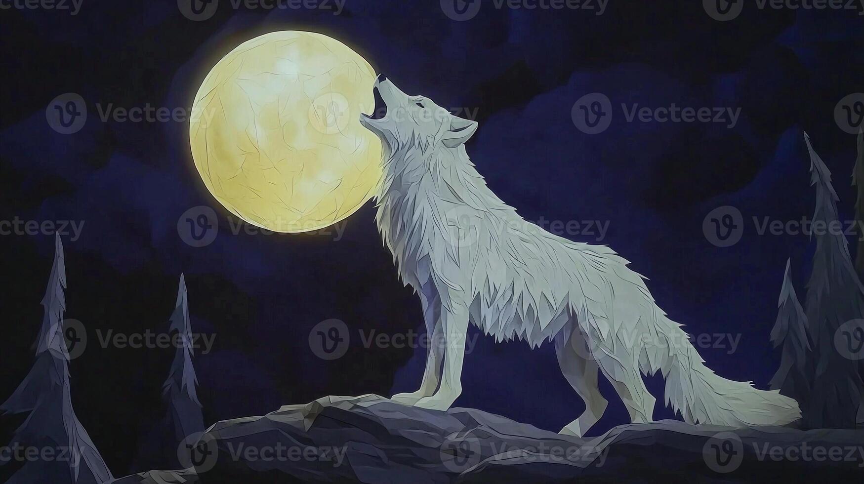 Silhouette of a wolf crafted from grey and white paper, howling towards a glowing yellow moon against a dark blue night sky. A minimalist and artistic representation of nature. photo