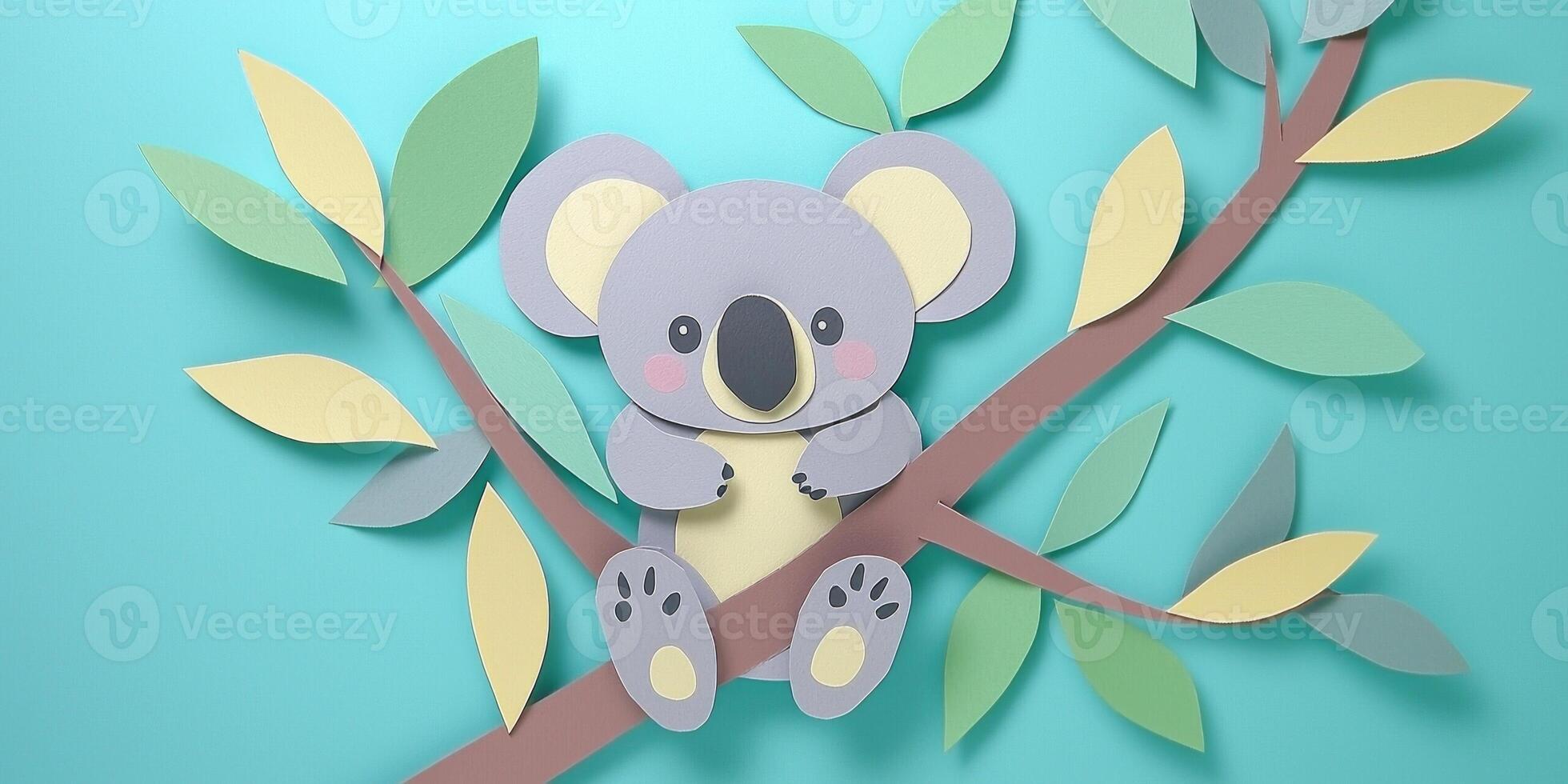 charming koala made of grey paper playfully clings to a tree branch, nestled among green leaves on a soothing light blue backdrop illuminated by morning sunlight. photo