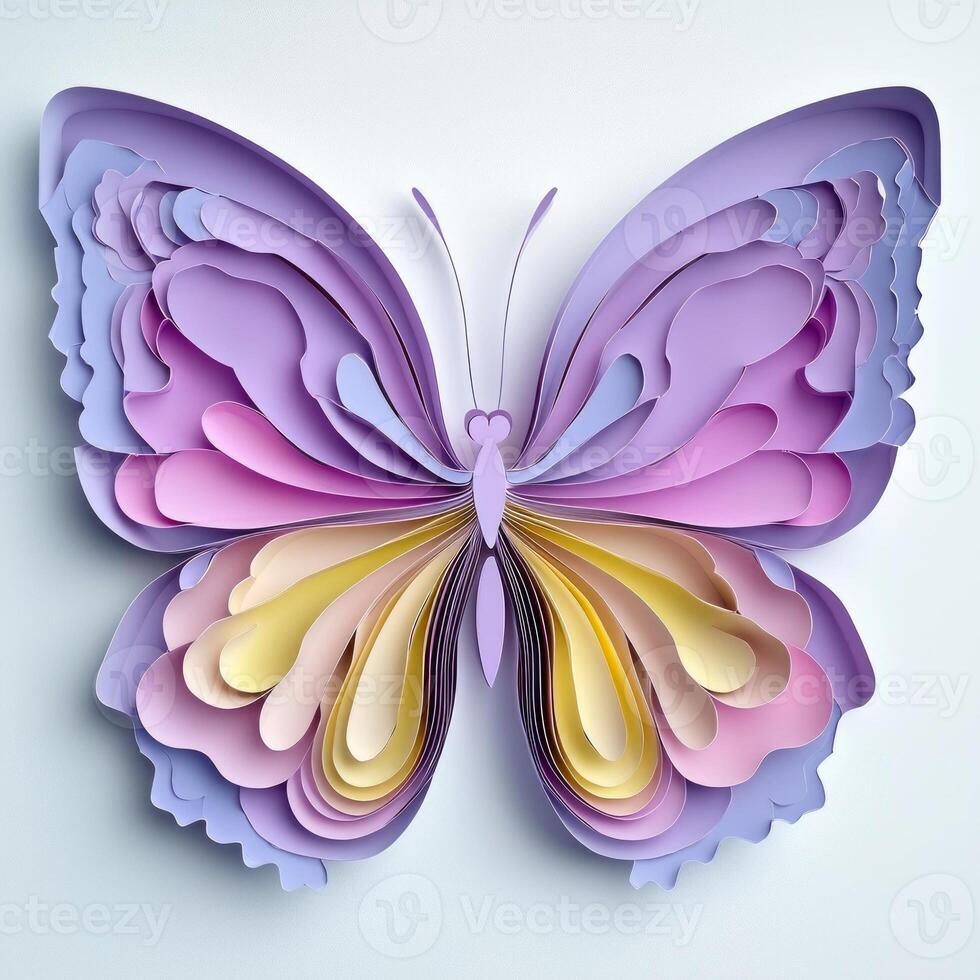 beautifully crafted butterfly shines with layers of paper in shades of purple, pink, and yellow, radiating elegance against a plain white background, illuminated by soft ambient light. photo