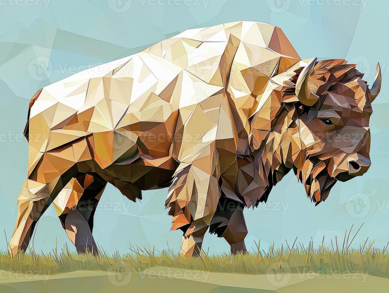 bison, made of intricately layered paper in shades of brown and tan, grazes in a lush green field under a bright afternoon sky, capturing the essence of prairie life. photo