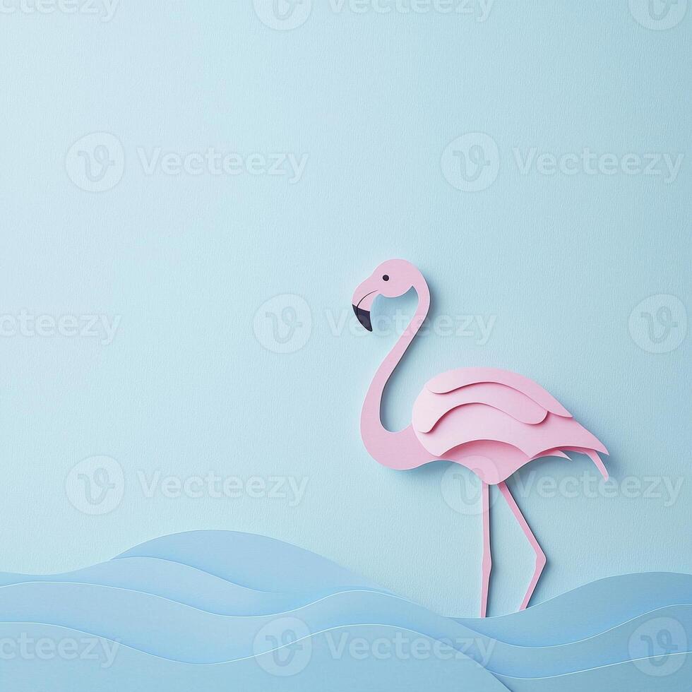 colorful flamingo, crafted from layers of pink paper, elegantly stands in shallow blue water. The minimalist design emphasizes a serene tropical essence, perfect for a midday setting. photo
