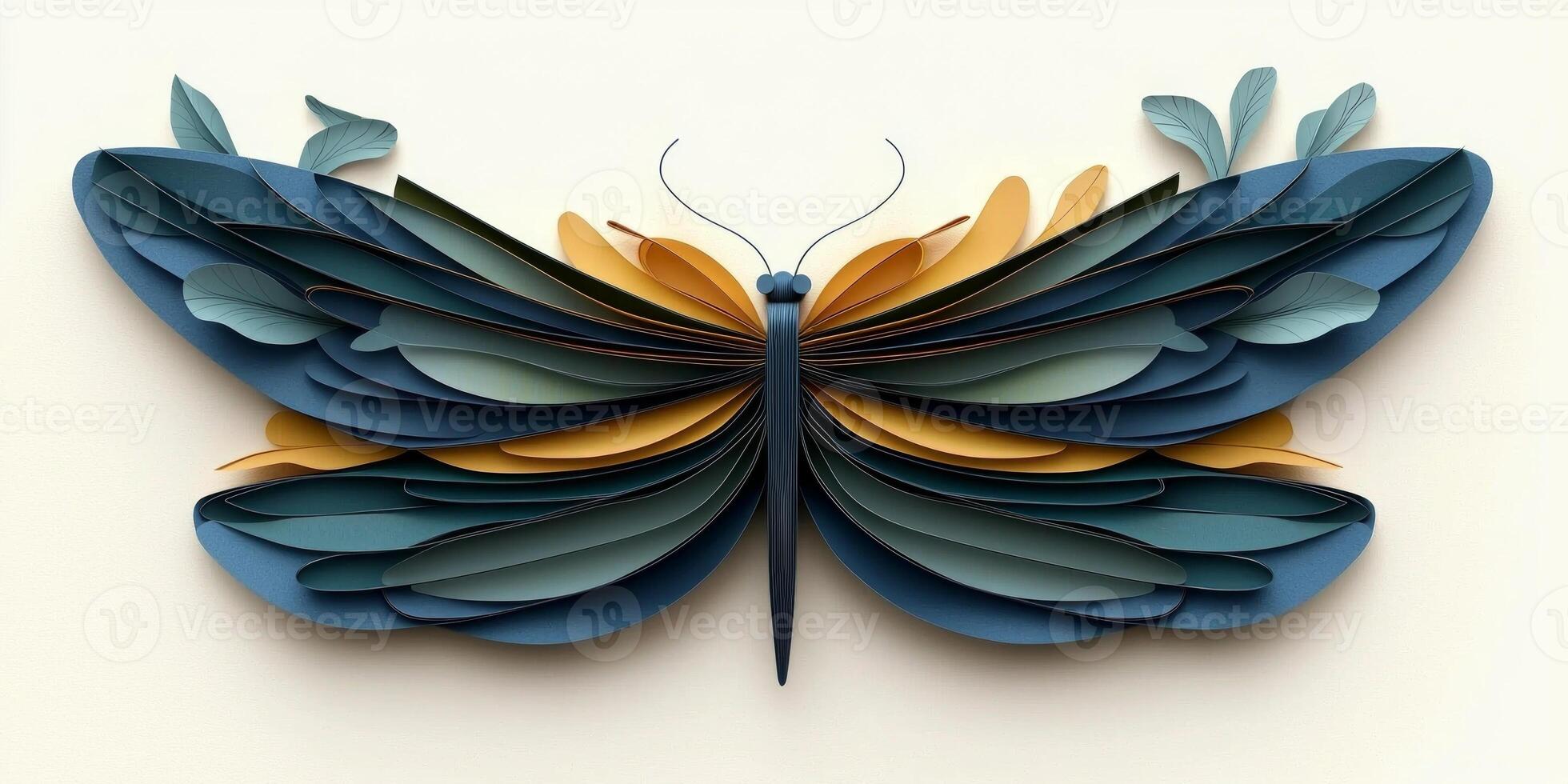 exquisite dragonfly features intricately layered wings of blue, green, and gold, radiating charm and delicacy. The soft light enhances the beautiful paper art against an elegant white backdrop. photo