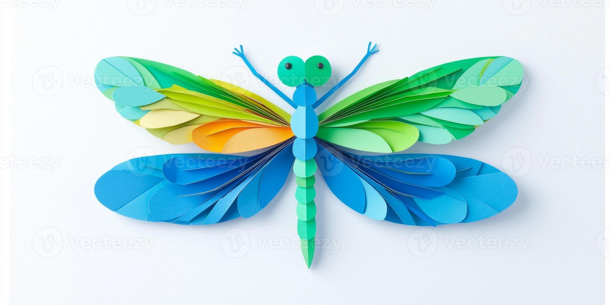 artwork showcases a stunning dragonfly crafted from layered paper, displaying radiant shades of blue, green, and gold with wide-spread wings, emphasizing delicate details in an artistic display. photo
