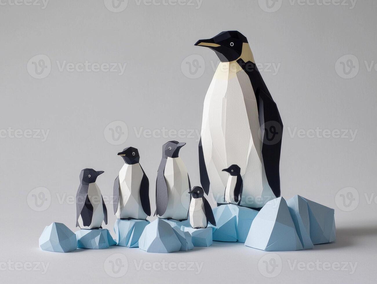 Adventurous penguins gather in a delightful paper cut-out style, featuring adults and chicks amid icy formations, all set in a tranquil polar setting. photo