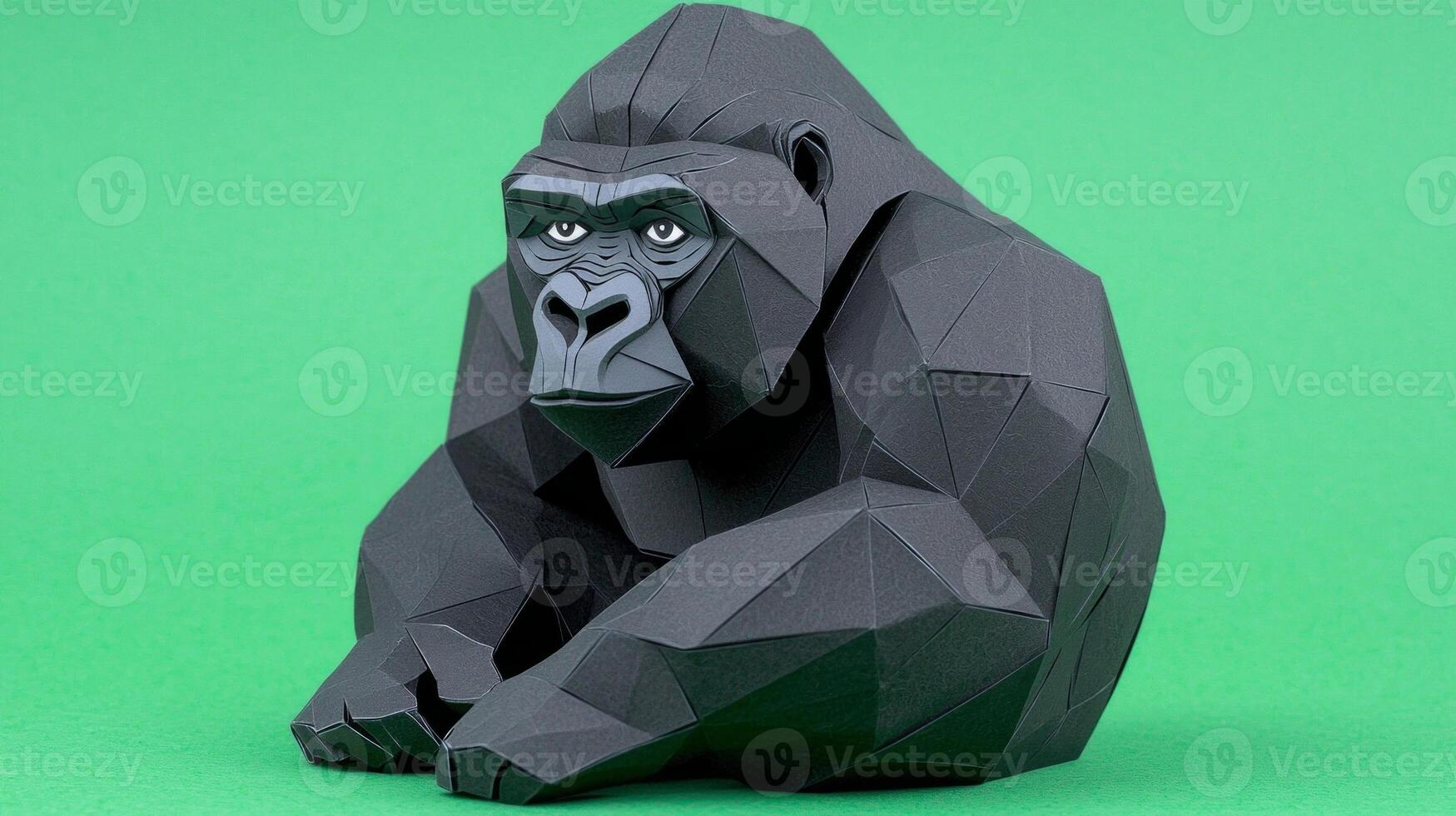 striking depiction of a gorilla crafted from shades of black and grey paper, exuding a contemplative aura. The plain green background enhances the artwork's realistic jungle theme. photo