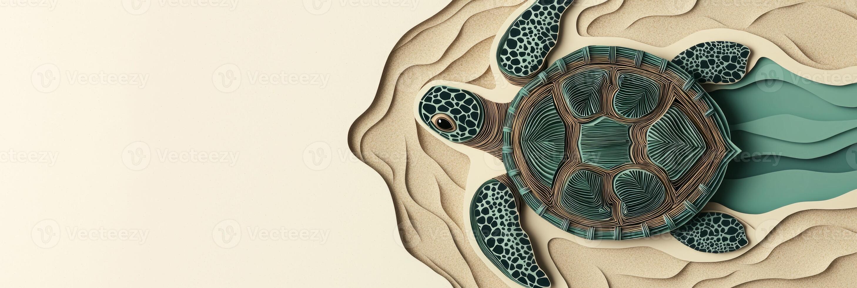 unique paper art showcases a turtle with a detailed shell in layered greens and browns, gazing upward against a warm beige sand backdrop, illuminated by afternoon light. photo