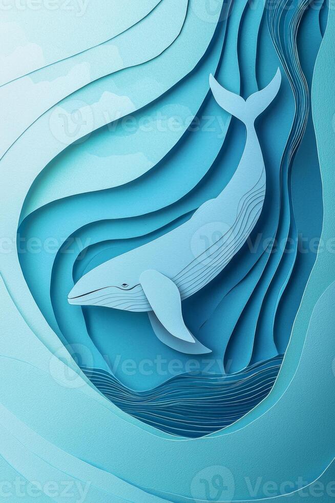beautifully crafted whale swims in the ocean, made of layered blue and grey paper. The simplistic design captures oceanic tranquility with wavy water forms under midday light. photo