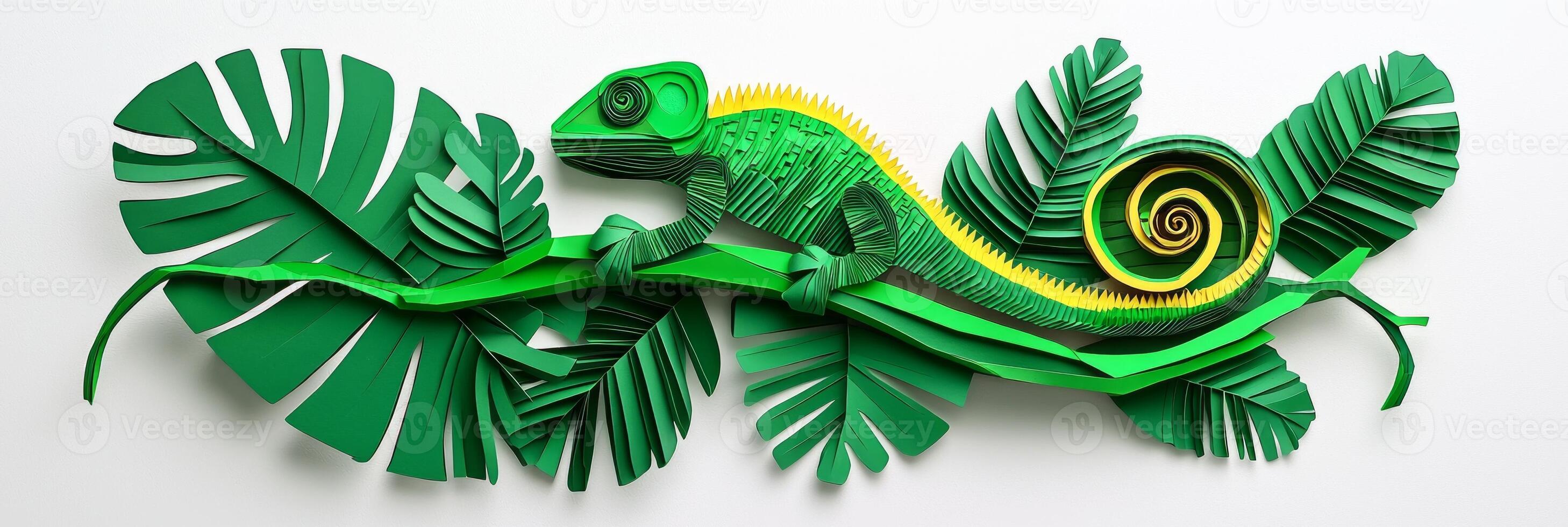 beautifully crafted chameleon made from layered green and yellow paper appears to rest on a stylized branch. The curled tail enhances its lively form, illuminated by soft afternoon light. photo
