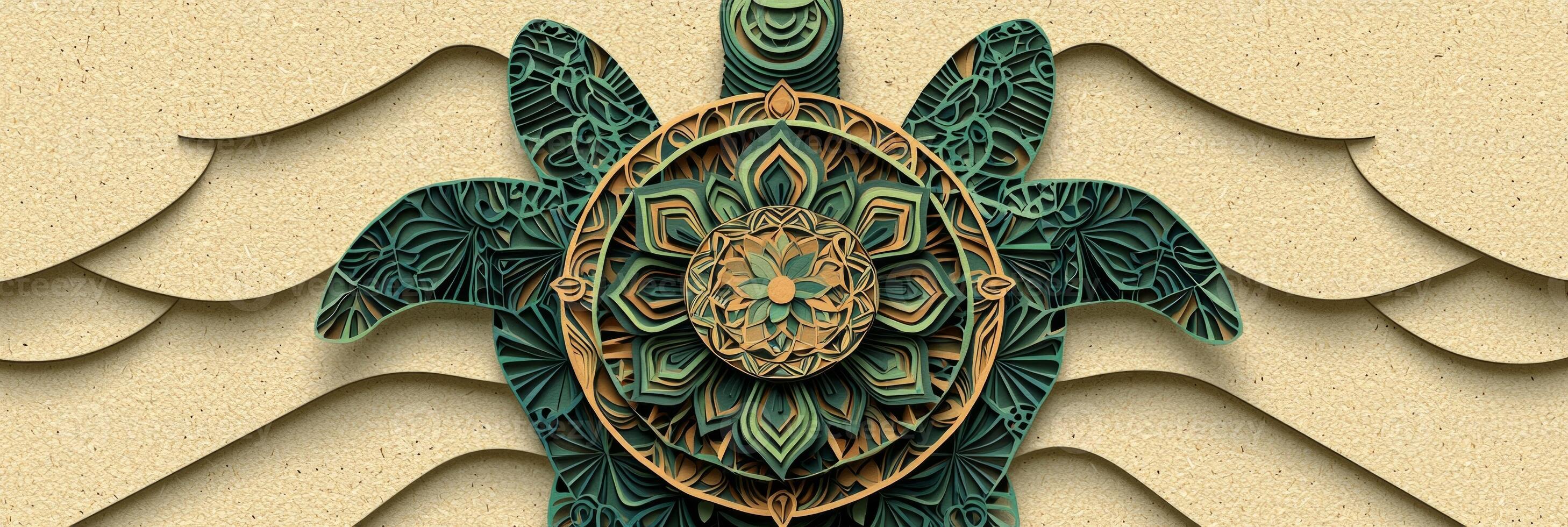 stunning turtle crafted from layered green and brown paper gazes upwards, set against a beige sand backdrop, illuminated by soft afternoon light. photo