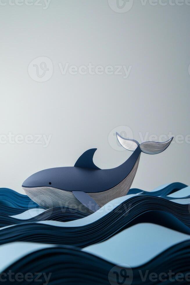 beautifully crafted whale made of grey and blue paper glides through vibrant, wavy layers of blue paper, embodying the essence of the ocean under midday light. photo