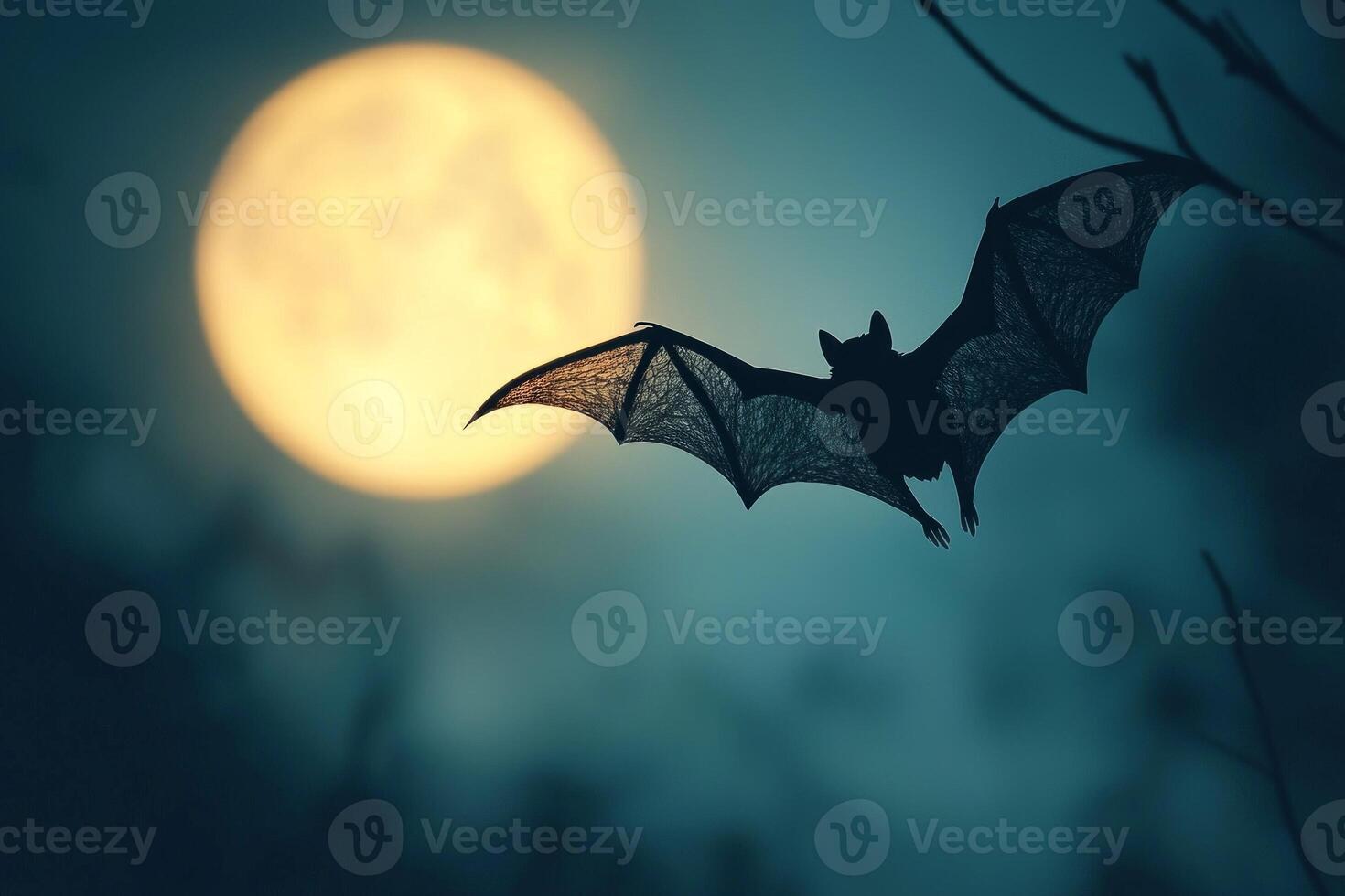 paper cut-out bat takes flight against a bright yellow moon, with layers of black and grey forming its wings. The calm evening sky adds a serene nocturnal atmosphere. photo