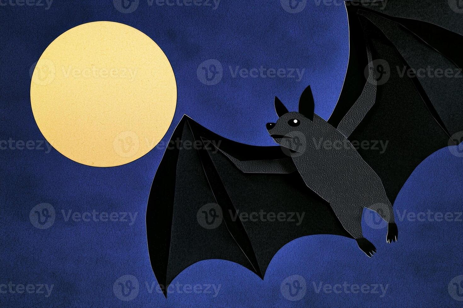 bat flits through the evening sky, its silhouette expertly crafted from black and grey paper against a bright yellow moon, creating a nocturnal artwork filled with intrigue. photo