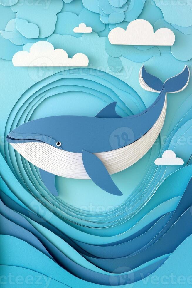 beautifully crafted paper whale glides through layered blue waves, surrounded by stylized clouds, capturing the essence of ocean life in a simplistic artistic design. photo