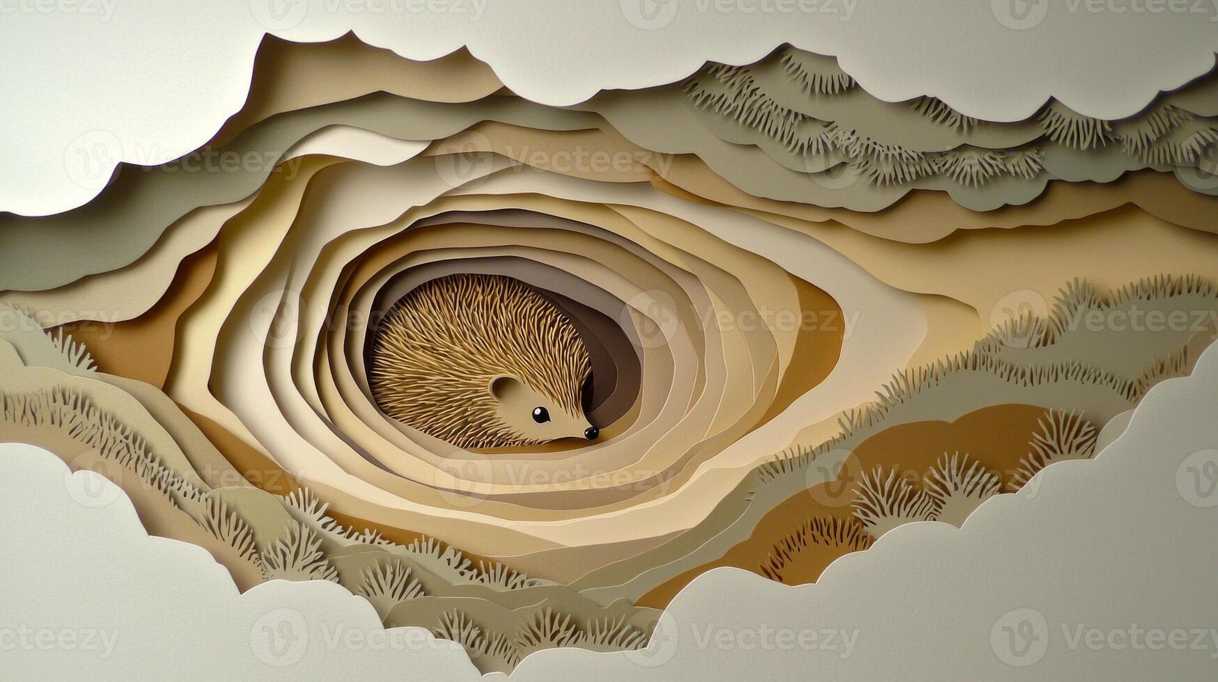 charming hedgehog cut-out is curled in a tight ball, showcasing intricate layers of brown and tan paper for its spines. The sweet face peeks out softly against a minimalist backdrop. photo