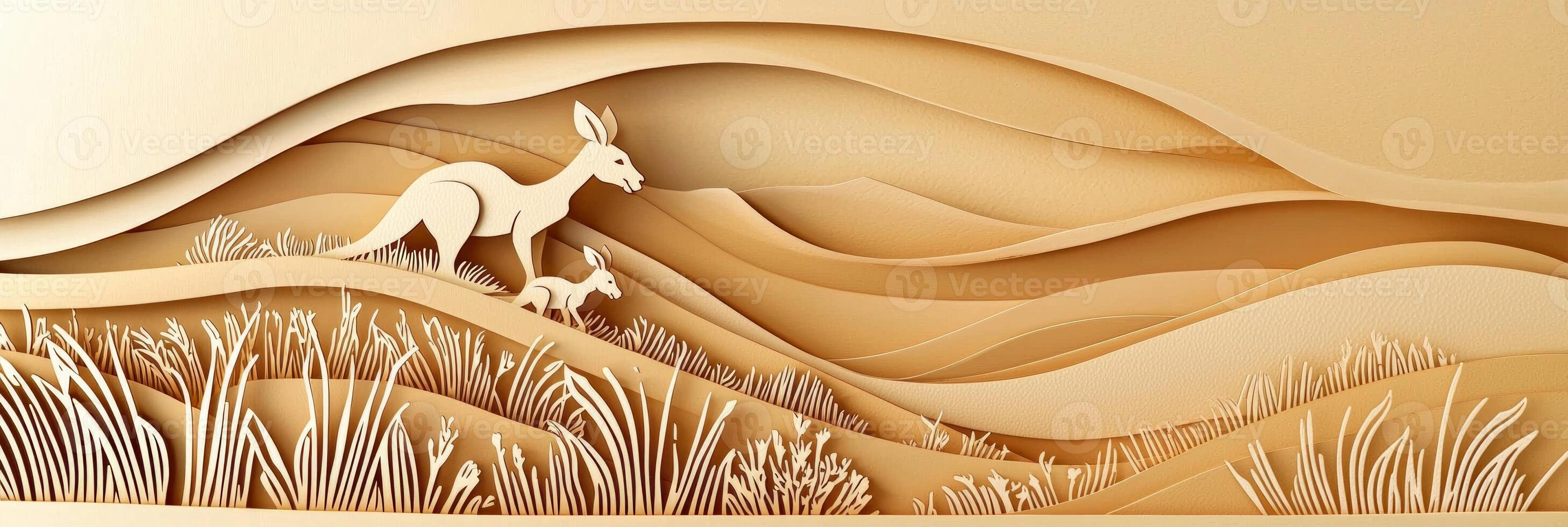 kangaroo and its joey leap energetically through the outback, crafted from shades of brown and beige paper photo