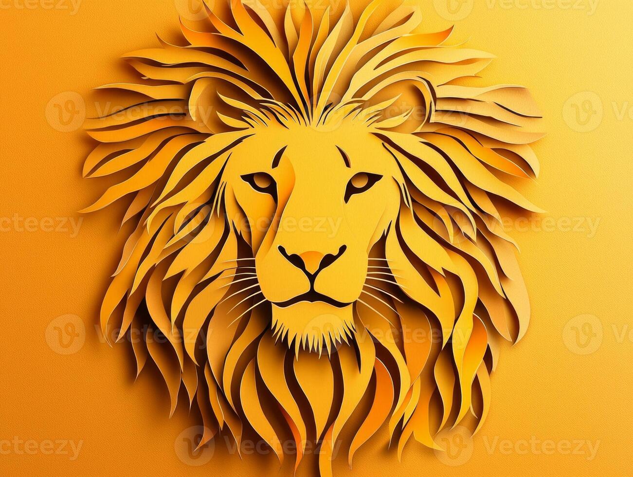 artistic creation features a lion with a layered yellow and brown mane, conveying a fierce expression, all set against a pale orange backdrop that enhances its safari theme. photo