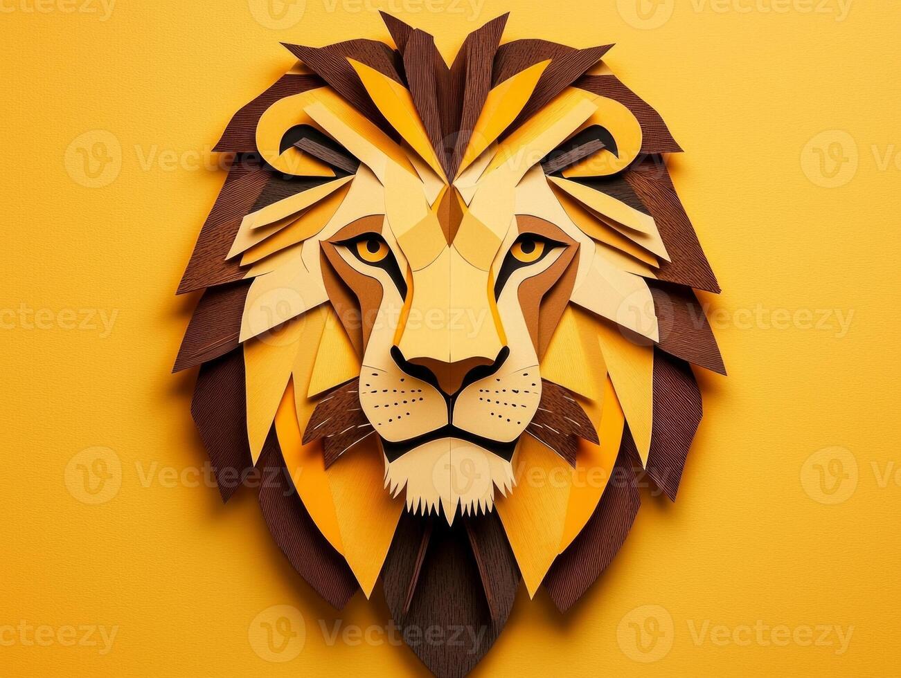 vibrant paper cut-out features a fierce lion with a detailed mane crafted from layered yellow and brown strips, set against a soft orange backdrop. photo
