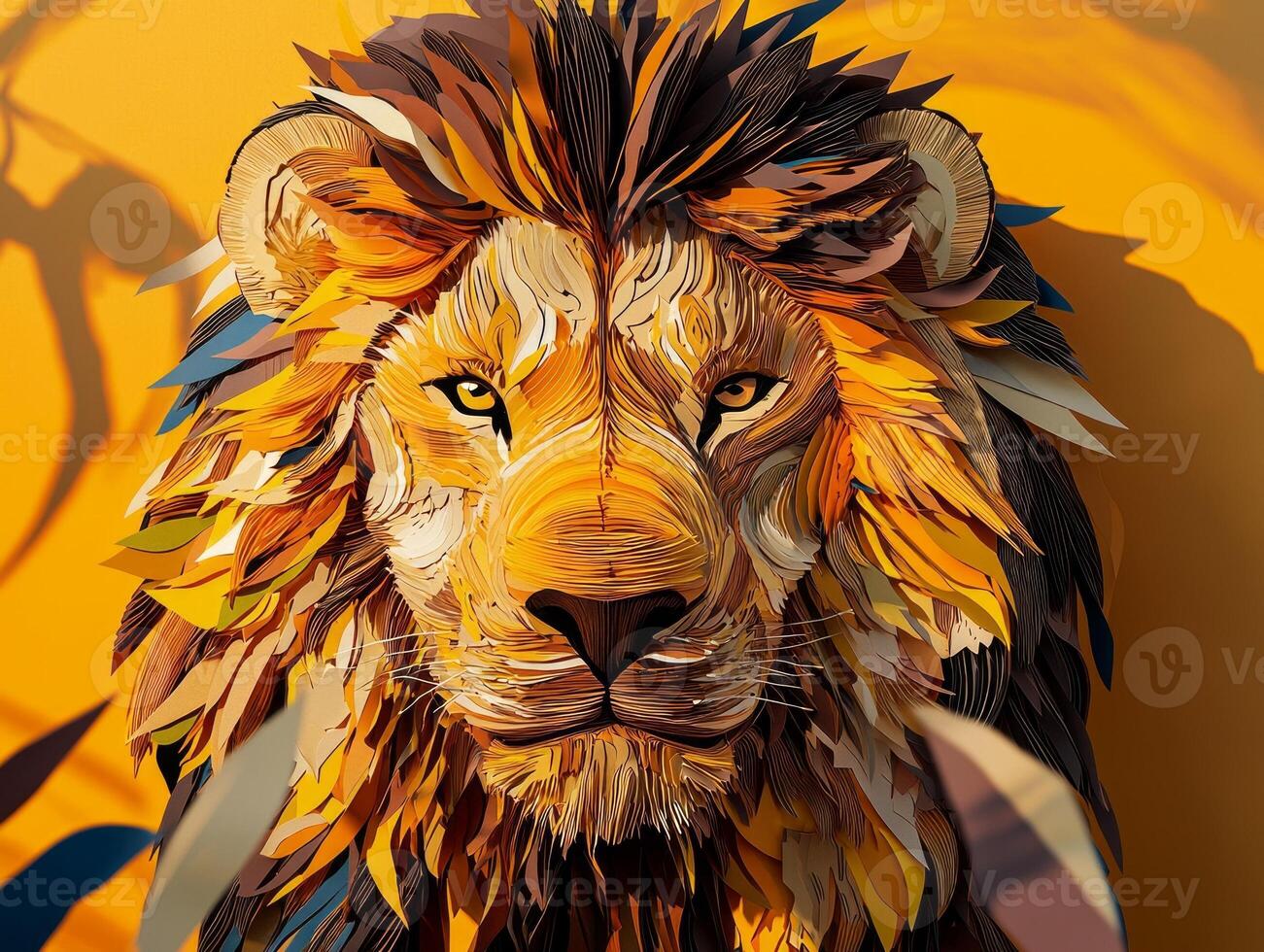 captivating paper cut-out features a lion with a vibrant, layered mane that showcases shades of yellow and brown. Its intense gaze adds life to the safari-inspired design. photo