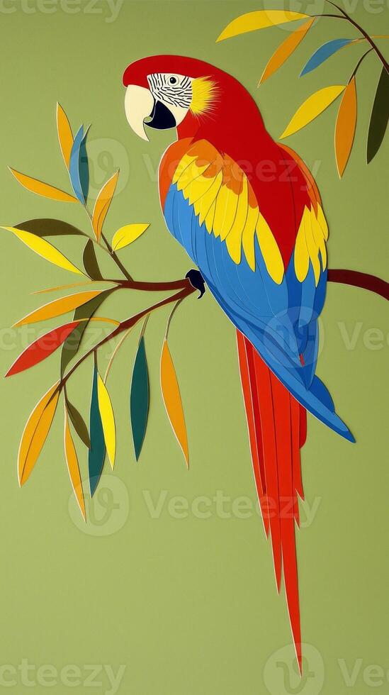 colorful macaw cut from paper perches gracefully on a branch, showcasing bright red, blue, and yellow feathers. The tropical bird adds a playful touch to children's decor. photo
