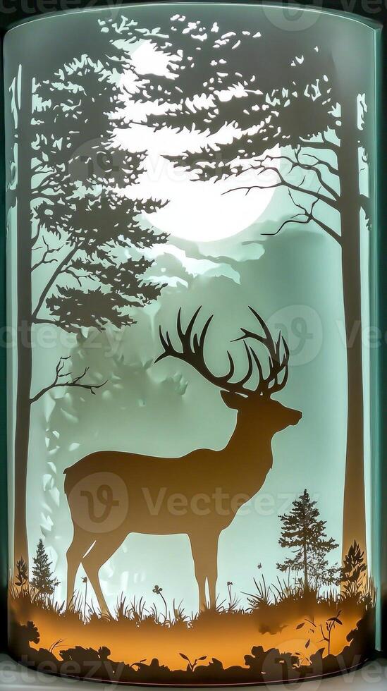 beautifully crafted stag silhouette emerges from layers of brown and tan paper, showcasing intricate antlers against a calming forest green background illuminated by late evening light. photo