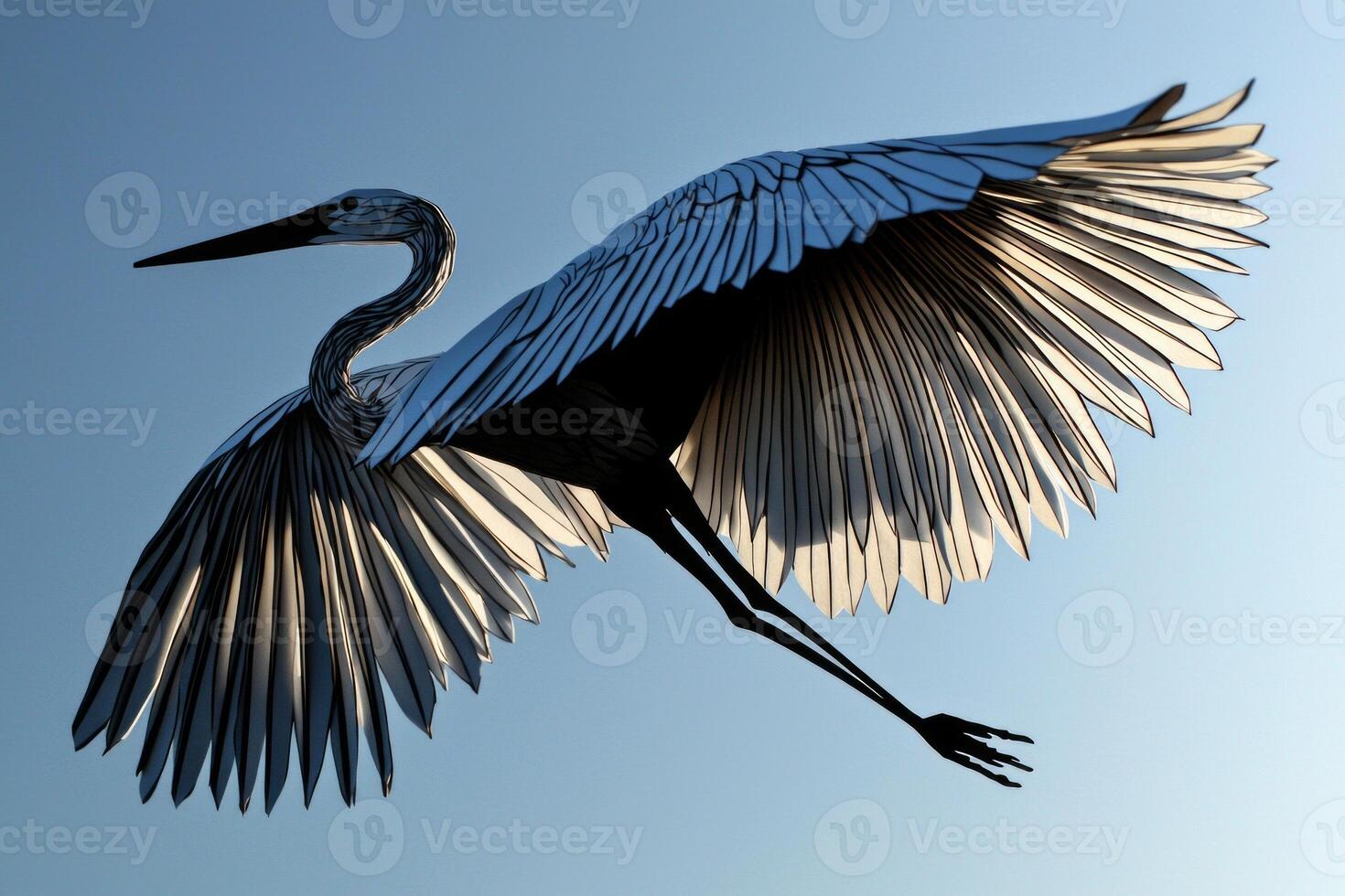stunning paper cut-out of a stork is captured in mid-flight, showcasing intricate layers of white and black against a clear blue sky, illuminated by vivid sunlight. photo