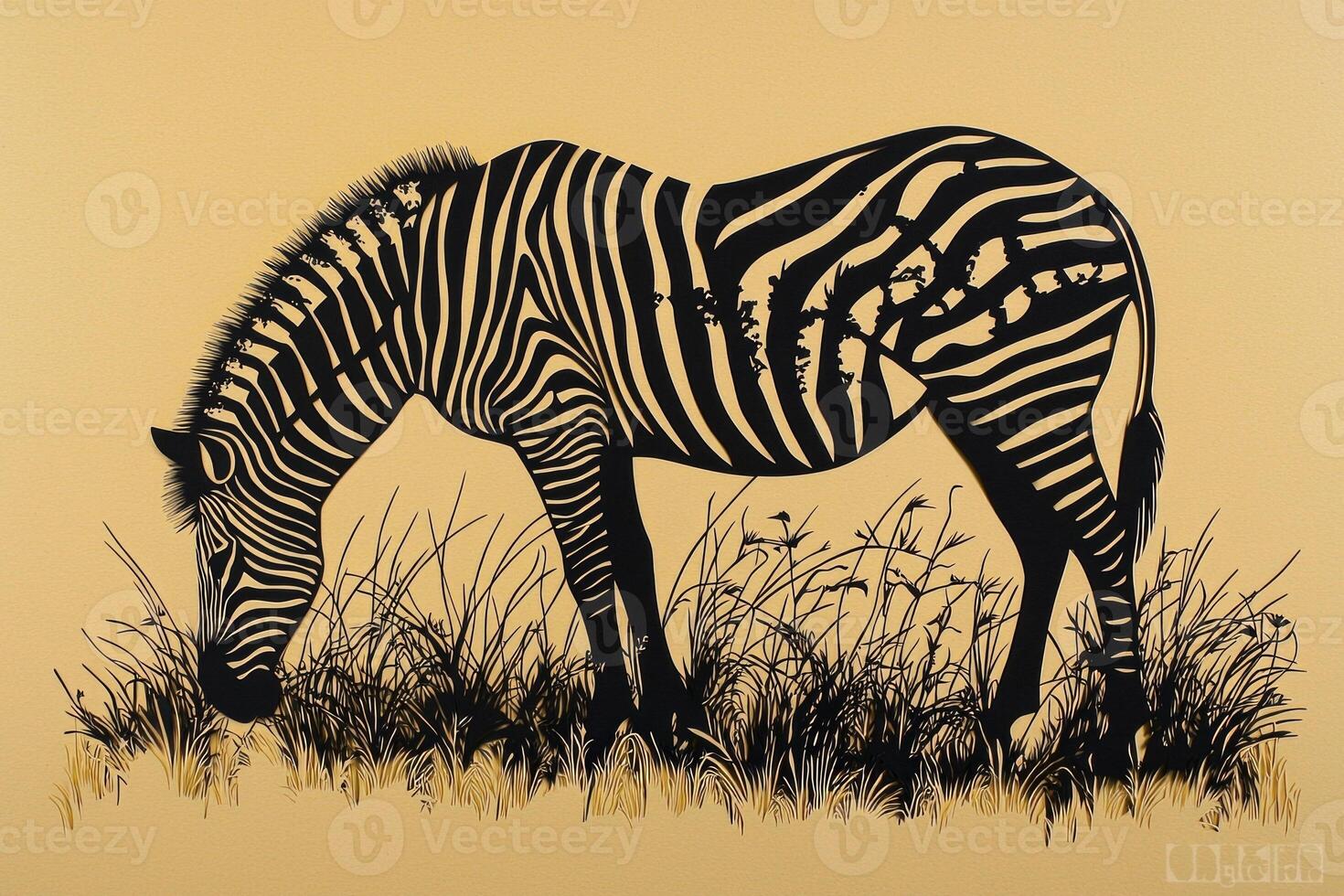 beautifully crafted paper cut-out of a zebra grazes peacefully in a minimalist savannah setting, highlighted by the midday sun against a soft beige background. photo