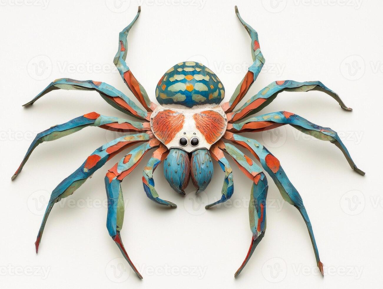 striking paper-style peacock spider appears with its vivid, layered abdomen in an artistic display, illuminated by bright studio lighting on a clean white background. photo