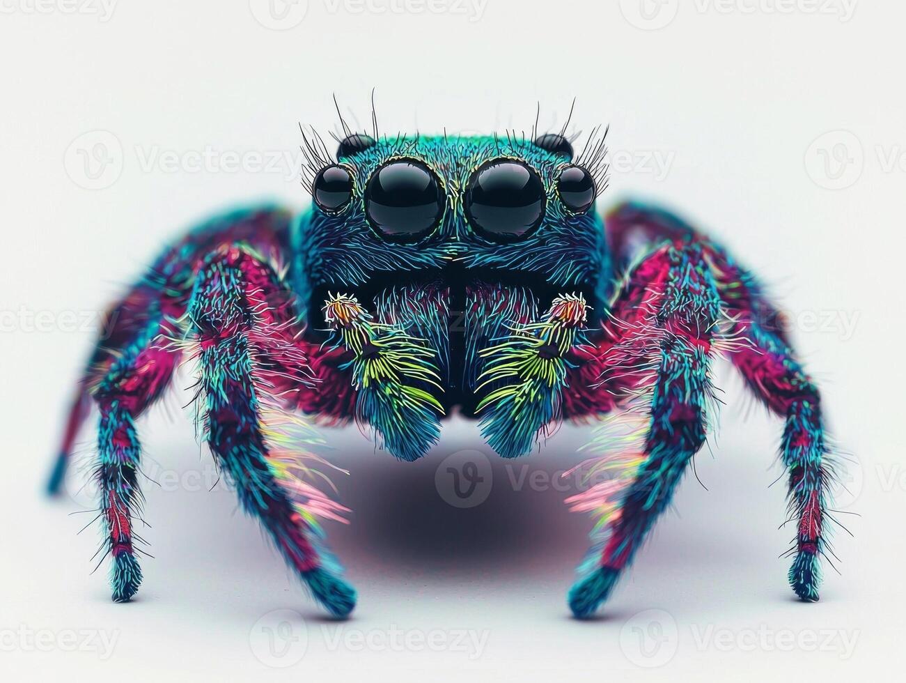 colorful peacock spider displays its intricate layered abdomen, crafted from vibrant paper. The whimsical design stands out against a bright, white background, capturing the viewer's attention. photo