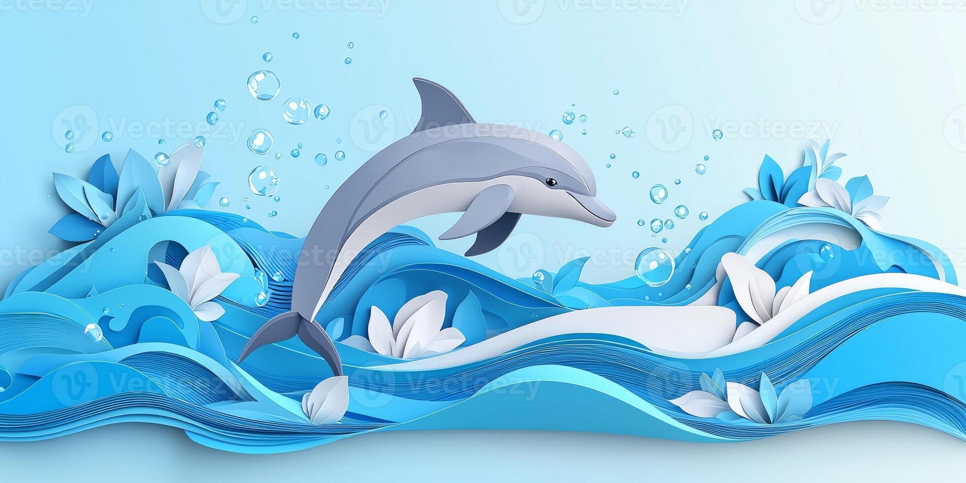dynamic dolphin bursts from vibrant blue waves, crafted with layered paper, while light blue tones and playful splashes evoke the liveliness of marine life. photo