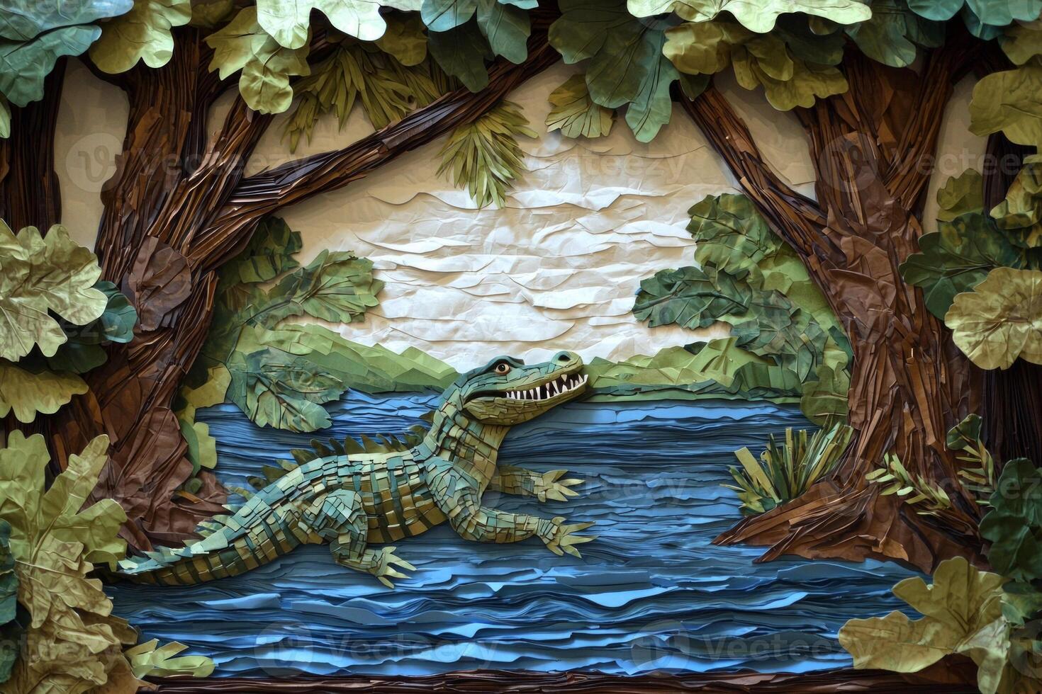 crocodile relaxes by a tranquil river, surrounded by greenery. Crafted from colorful paper, the artwork showcases the creature's scales and the vibrant environment in a delightful style. photo