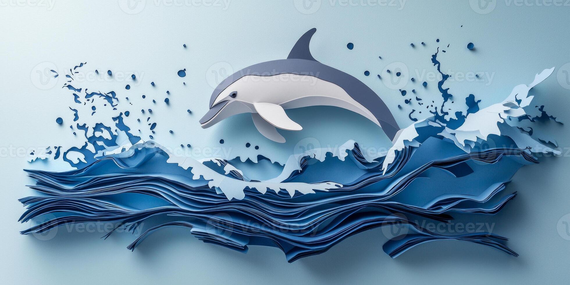 beautifully crafted dolphin in shades of grey jumps gracefully from stylized blue waves made of layered paper, surrounded by playful splashes, capturing the essence of marine life. photo