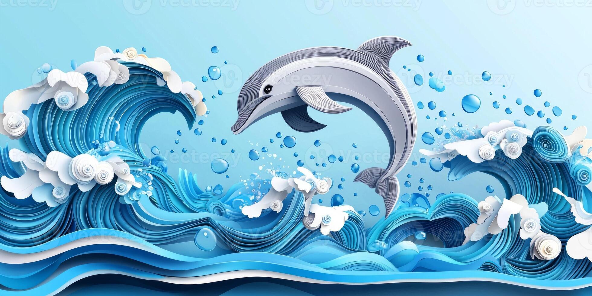 dolphin elegantly jumps from vibrant, layered blue waves, showcasing its graceful motion. The design features intricate paper cutouts against a serene light blue backdrop. photo