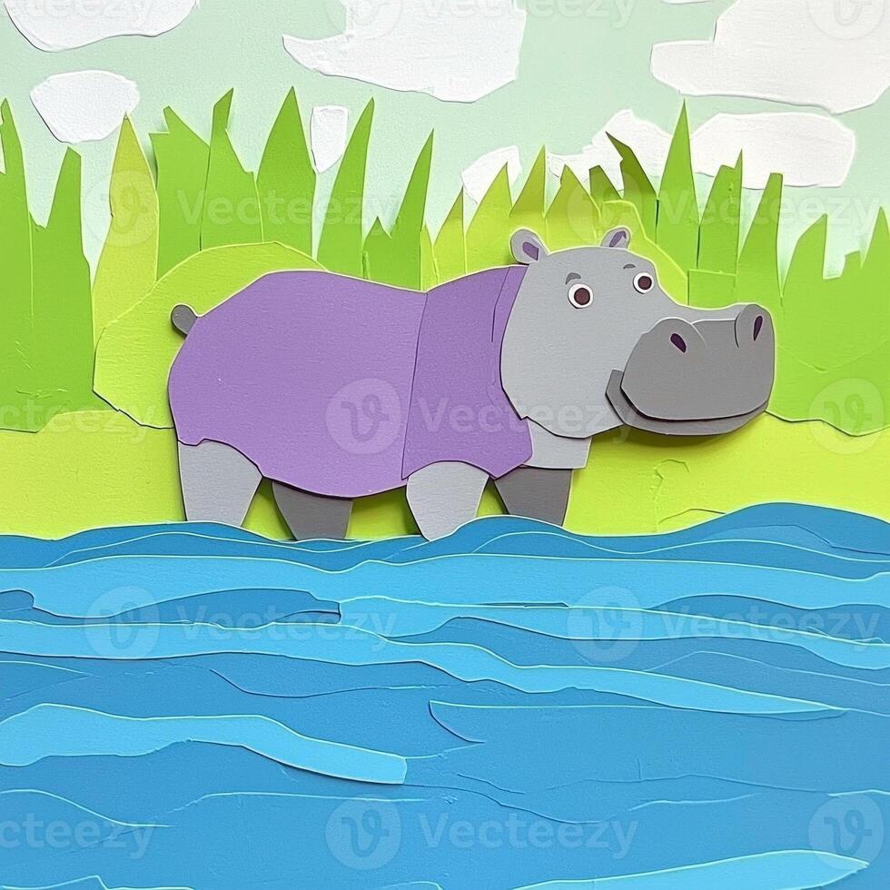 playful hippo crafted from shades of grey and purple paper stands calmly in shallow blue water, surrounded by a cheerful light green backdrop, evoking a delightful riverside atmosphere. photo