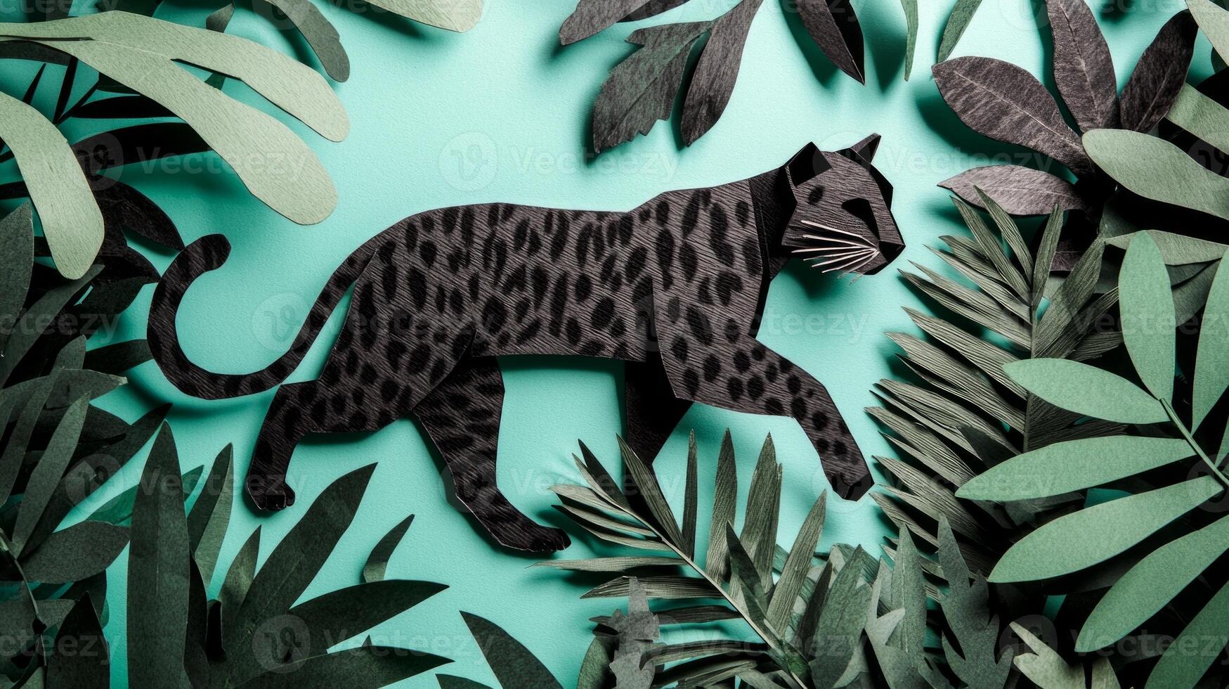 striking panther moves gracefully through a lush jungle, surrounded by richly textured layers of black and green paper. The light blue backdrop evokes early evening serenity. photo