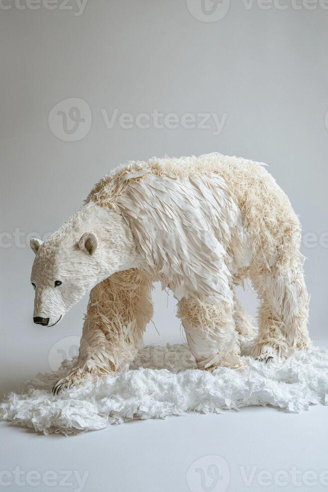 polar bear is depicted walking gracefully across a snowy terrain, with intricately layered paper representing its fur against a soft blue background, embodying a tranquil Arctic atmosphere. photo