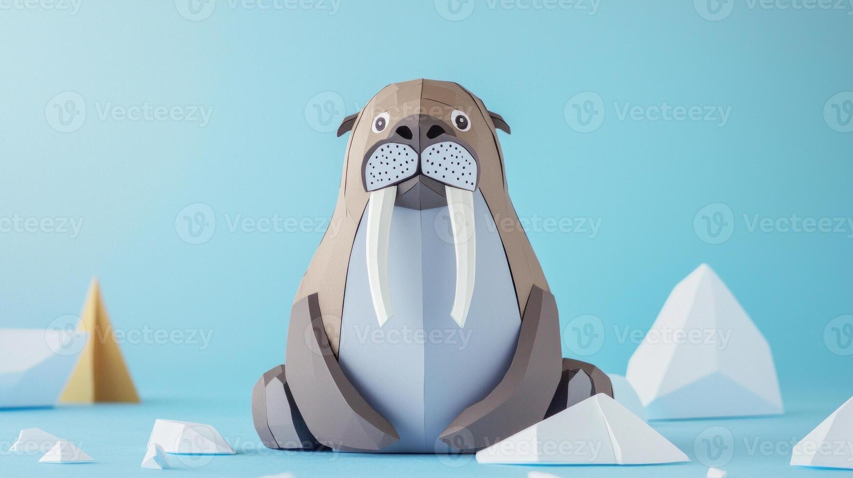 Crafted from layers of grey and brown paper, this walrus rests peacefully on a white ice floe, capturing the essence of the Arctic in a minimalist style. photo