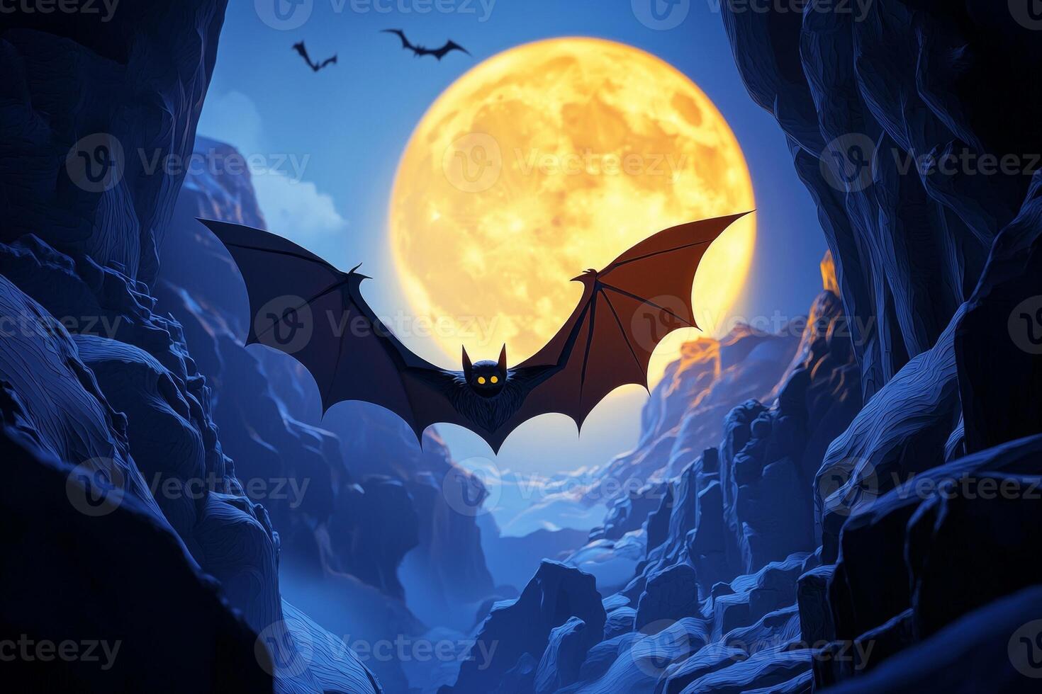In a beautifully crafted paper cut-out, a bat glides through a night sky illuminated by a bright yellow moon, evoking a sense of nocturnal wonder and artistry. photo