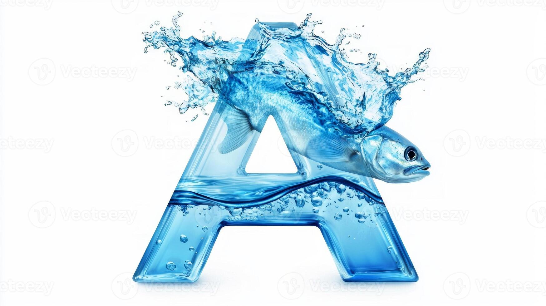 letter A is crafted from glass, embodying a mesmerizing aquarium filled with vibrant fish and flowing water, set against a clean white background. photo
